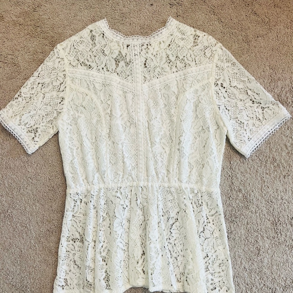 Tobrief Blouse Top Women’s Size L Short Sleeve Sheer Lace White